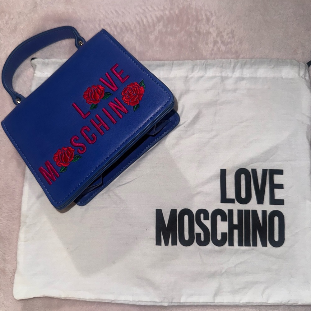 Love Moschino Blue Mini Bag with Red Floral Design
